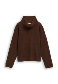 Pull en maille marron avec un col haut et replié, épaules tombantes et poignets côtelés. Le tissu a une texture douce et une silhouette courte.