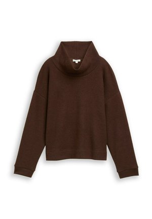 Brauner gestrickter Pullover mit hohem, umgeschlagenem Kragen, überschnittenen Schultern und gerippten Bündchen. Der Stoff hat eine weiche Textur und eine verkürzte Silhouette.