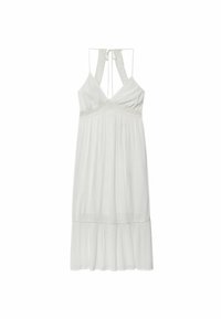 Robe blanche sans manches avec une silhouette fluide, des détails en dentelle sous la poitrine et des liens ajustables à l'arrière pour un maintien sûr.