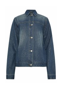 Denim jack met een slim fit ontwerp, donkerblauwe kleur en studs. Bevat een puntige kraag, knoopsluiting en twee voorkruiszakken.