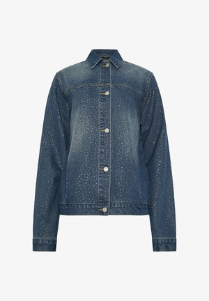 Farkkutakki, jossa on muotoiltu malli, tummansininen väri ja niittejä korostavana yksityiskohtana. Ominaisuuksiin kuuluu terävä kaulus, nappikiinnitys ja kaksi etutaskua.