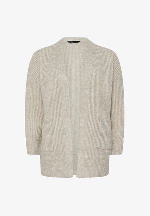 Cardigan in hellem Beige mit gerippter Textur, offener Vorderseite, langen Ärmeln und zwei Fronttaschen. Weicher Strickstoff mit subtilen Details.