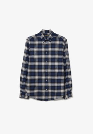 Kariertes Hemd mit blau-weißem Schachbrettmuster, aus weichem Stoff, mit langen Ärmeln, Knopfleiste am Kragen und klassischer Passform.