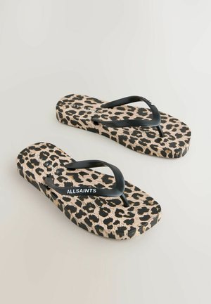 Leopardimustriga plätud musta kummist rihmaga ja tekstuurse tallaosaga, kus rihmal on valge kirjas brändinimi "ALLSAINTS".