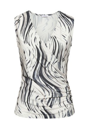 Haut cache-cœur sans manches pour femme avec imprimé abstrait zèbre noir, gris et blanc et détail froncé sur le côté.