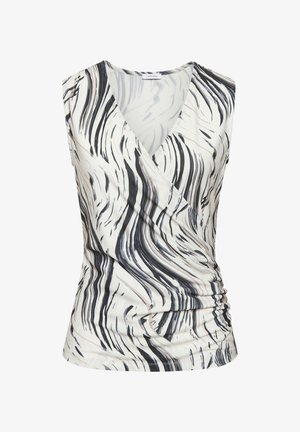Ärmelloses Damen-Wickeltop mit schwarz-grau-weißem abstraktem zebraähnlichem Print und gerafftem Seitendetail.