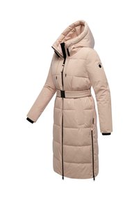 Padded winter coat in light pink, featuring a hood, adjustable belt, and black accents. Zipper closures and quilted pattern detail.