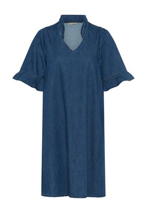 Zils džinsa kleita ar volānu izgriezuma V-veida apkakli un izplatītiem īsiem piedurknēm ar volānu apdari.