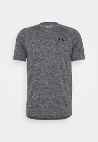 Gray athletic shirt made of textured, moisture-wicking fabric. Features short sleeves, a crew neck, and a small logo on the chest.