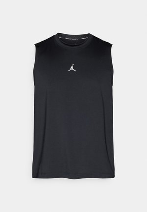 Crna atletska majica bez rukava od glatkog materijala, s bijelim Jumpman logom u sredini. Jednostavan dizajn s okruglim izrezom.