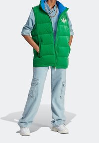 Grön pufferväst med blå huva, med dragkedja fram och fickor, bärs över en ljusblå skjorta med knappar och matchas med ljusa cargobyxor.