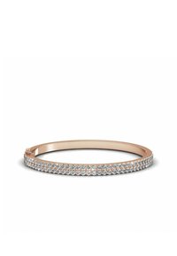 Bracciale in oro rosa caratterizzato da una fila di piccoli gemme trasparenti incastonate lungo il bordo superiore. Design liscio e minimalista con chiusura a cerniera.