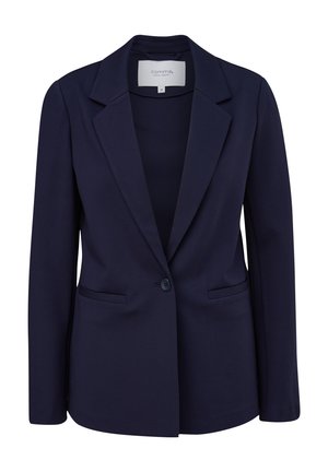 Navyblauer Blazer aus glattem Stoff. Mit einem Reverskragen, einer einzelnen Knopfleiste und zwei Fronttaschen. Klassische Tailor-fit-Form.
