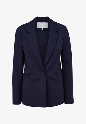 Navyblauer Blazer aus glattem Stoff. Mit einem Reverskragen, einer einzelnen Knopfleiste und zwei Fronttaschen. Klassische Tailor-fit-Form.