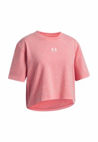 Camiseta rosa corta de tela suave. Presenta un escote redondo y mangas cortas. Logo blanco centrado en el frente. Dobladillo sin costuras.