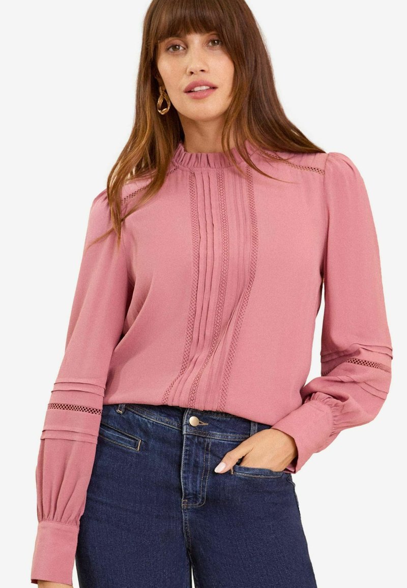 Love & Roses RUFFLE NECK PINTUCK DETAIL LONG SLEEVE - Pusero - pink