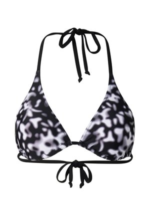 Black and white abstract patterned triangle bikini top with halter neck and tie closure at front and back.