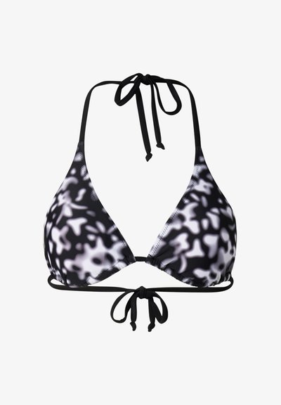 Schwarz-weiß gemustertes abstraktes Triangel-Bikinioberteil mit Neckholder und Schnürverschluss vorne und hinten.