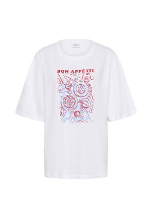 Weißes Baumwoll-T-Shirt mit einem rot-blauen Grafikdesign, das Hände und Lebensmittel zeigt, sowie dem hervorgehobenen Spruch "BON APPÉTIT".