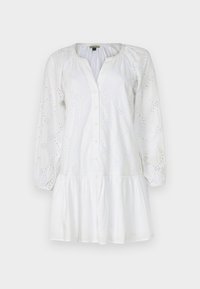 Rochie albă cu mâneci lungi, bufante, deschidere cu butoane și o parte inferioară evazată. Prezintă modele de broderie cu găuri pe întreaga țesătură.