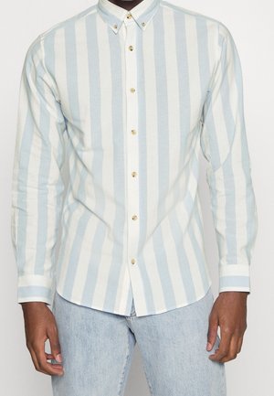 Camicia a maniche lunghe a righe blu chiaro e bianche con colletto button-down e bottoni dorati. Il materiale sembra morbido e ha una texture liscia.