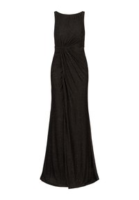 Schwarzes Abendkleid mit enger Passform, rundem Ausschnitt und bodenlangem Rock. Verfügt über geraffte Stoffdetails an der Taille und einen subtilen Schimmer.