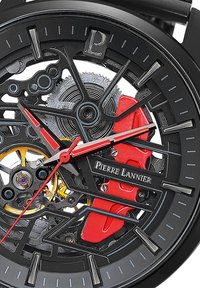 Reloj esqueleto con caja negra, acentos rojos y movimiento mecánico visible. Presenta marcadores de hora plateados y un diseño de engranajes intrincado.