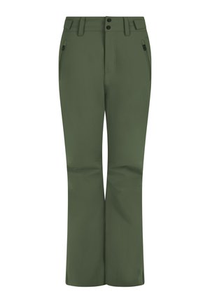 Dark green outdoor pants with zippered side pockets, belt loops, and a double button closure at the waist.