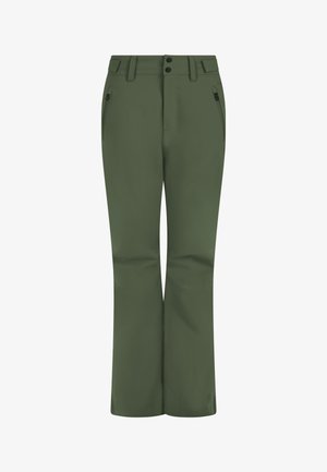 Dark green outdoor pants with zippered side pockets, belt loops, and a double button closure at the waist.