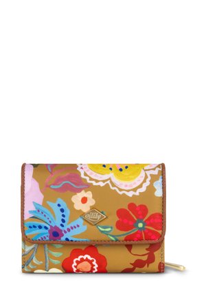 Bruine stoffen portemonnee met een levendig bloemenpatroon in rood, roze, geel en blauw, voorzien van een logo-label in goudtint en een ritsluiting.