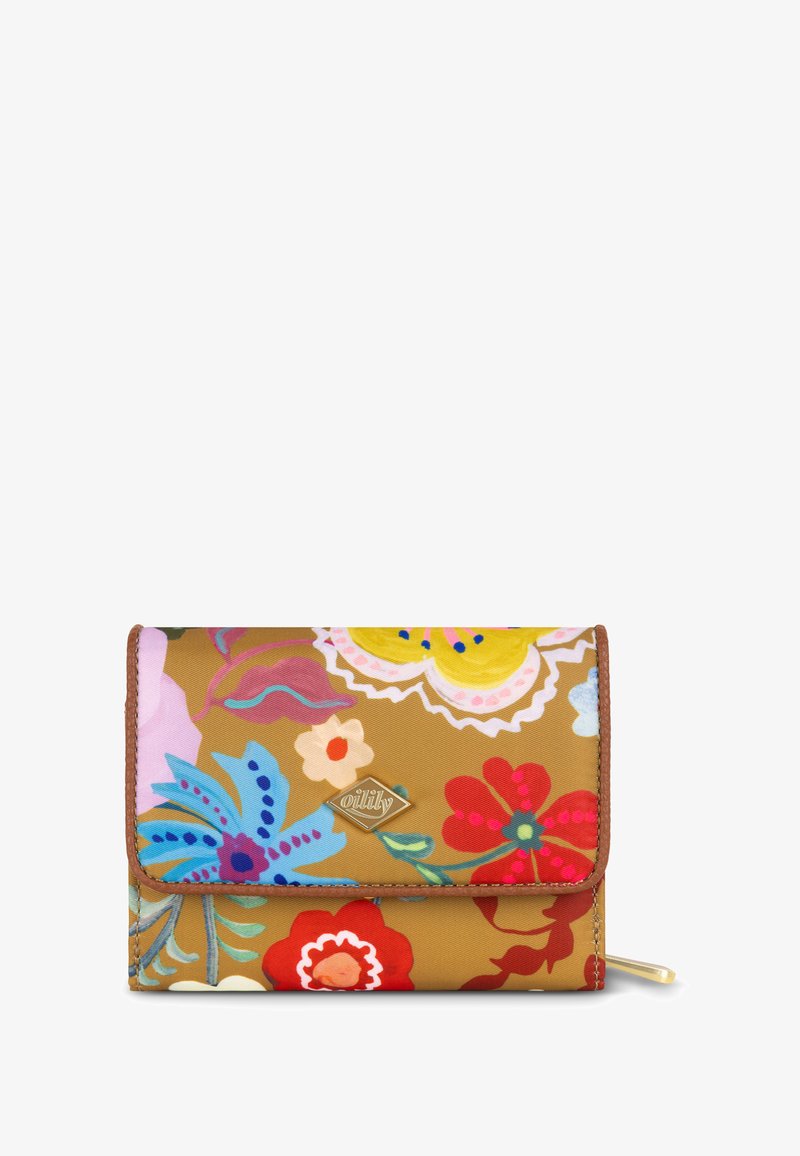 Bruine stoffen portemonnee met een levendig bloemenpatroon in rood, roze, geel en blauw, voorzien van een logo-label in goudtint en een ritsluiting.