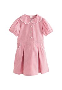 Vestito in tessuto vichy rosso e bianco con collo arrotondato, maniche corte a sbuffo, chiusura frontale con bottoni e due tasche laterali. Tessuto in cotone lavorato.