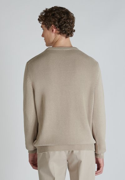 Maglione beige lavorato a maglia con scollatura a girocollo, polsini e orlo a costine. Caratterizzato da un motivo testurizzato e una vestibilità rilassata, mostrato dal retro.
