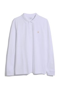 Polo blanc à manches longues avec un col à revers, doté d'un petit logo doré sur le côté gauche de la poitrine et d'une texture en coton lisse.