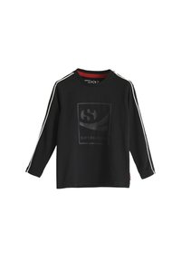 Zwarte langslavige shirt van katoen, met een geribde ronde hals, witte zijstrepen en een reliëf logo-ontwerp aan de voorkant.