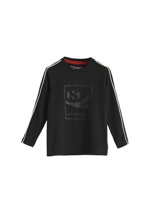 Chemise à manches longues noire en coton, dotée d'un col rond côtelé, de bandes latérales blanches et d'un logo embossé sur le devant.
