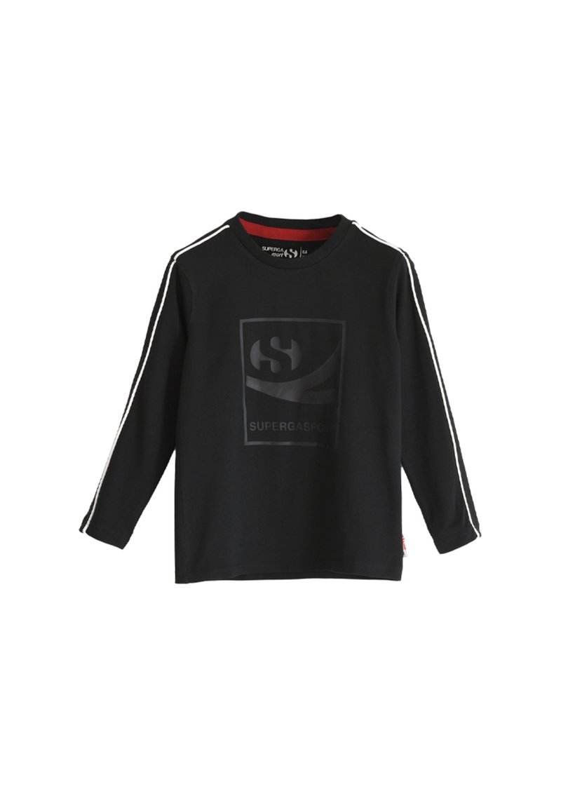 Zwarte langslavige shirt van katoen, met een geribde ronde hals, witte zijstrepen en een reliëf logo-ontwerp aan de voorkant.