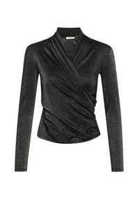 Top nero a maniche lunghe realizzato in tessuto glitterato, con design incrociato e colletto alto. Finitura liscia e strutturata con dettagli drappeggiati.