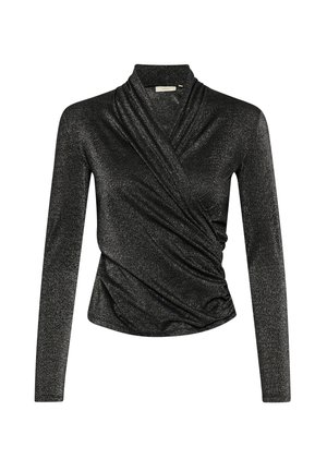 Schwarzes Langarmoberteil aus glitzerndem Stoff, mit einem kreuzförmigen Wickeldesign und hohem Kragen. Glatte, strukturierte Oberfläche mit drapierten Akzenten.