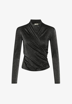 Top nero a maniche lunghe realizzato in tessuto glitterato, con design incrociato e colletto alto. Finitura liscia e strutturata con dettagli drappeggiati.