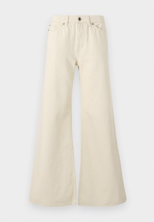 Lichtbeige flared jeans van katoen. Heeft een hoge taille, vijf zakken en een knoopsluiting met contrasterende stikdetails.