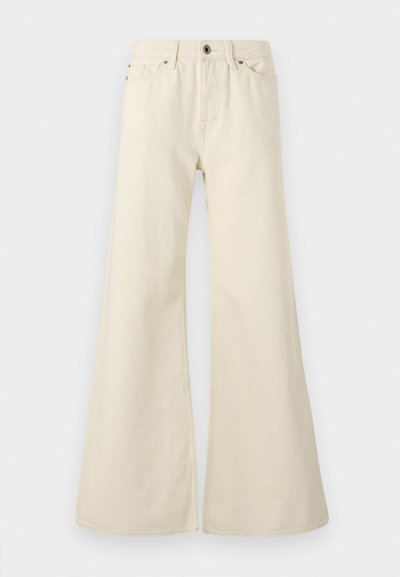 Jeans flared de culoare bej deschis, din bumbac. Au talie înaltă, cinci buzunare și un sistem de închidere cu buton, cu detalii de cusătură în contrast.