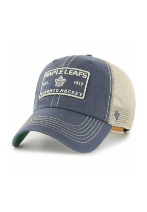 Blau-beige Baseballkappe aus Mesh mit einem Aufnäher "Maple Leafs Toronto Hockey Est. 1917" auf der Vorderseite und gebogenem Schirm.