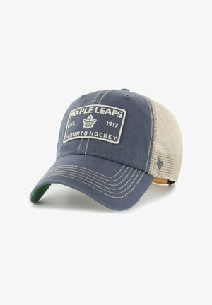 Blau-beige Baseballkappe aus Mesh mit einem Aufnäher "Maple Leafs Toronto Hockey Est. 1917" auf der Vorderseite und gebogenem Schirm.