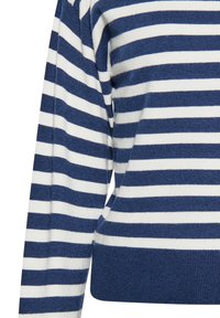 Maglione a righe con strisce orizzontali blu navy e bianche, colletto e polsini a coste, con una trama morbida e una vestibilità leggermente rilassata.