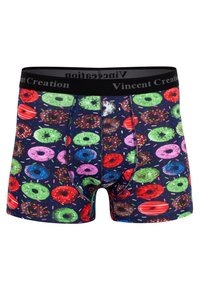Pantaloni boxer colorati con un motivo di ciambelle e vari disegni su uno sfondo scuro. Vita elastica con etichetta "Vincent Creation."