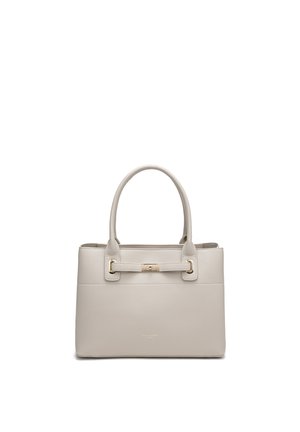 Sac à main structuré en cuir beige avec doubles poignées, détail de fermoir doré et logo discret de la marque au centre devant.