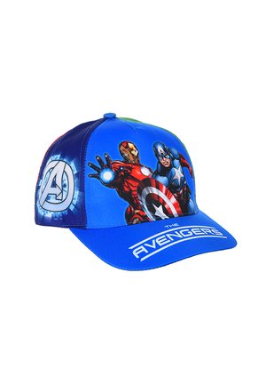 Blue Avengers baseball cap featuring Iron Man and Captain America with shield, and Avengers logo on the brim and side panel.