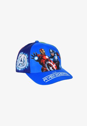 Niebieska czapka z daszkiem Avengers z Iron Manem i Kapitanem Ameryką ze tarczą oraz logo Avengers na daszku i bocznym panelu.