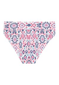 Bikini kalhotky s vzorem, které mají bílý podklad s geometrickými vzory v růžové, modré a námořnické barvě. Měkká látka s středním pasem.